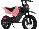 the pink dirt bike is parked on a white surface