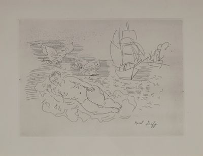 drawing of a man and a woman in a body of water with a sailboat in the background