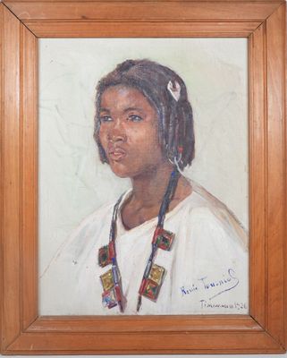 painting of a woman in a white shirt with a beaded necklace