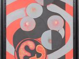 tableau abstrait orange et noir, orné d'un motif blanc et noir