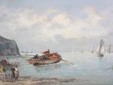 a painting of people on a boat in the water