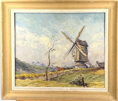 an oil painting of a windmill on a hill with a man sitting in the foreground