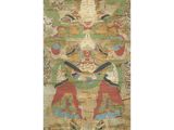 an oriental rug with a woman and birds on it