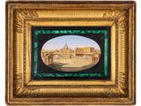 une peinture à l'huile représentant une vue de ville, dans un cadre doré
