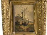un tableau représentant un arbre dans un champ, avec une vache en arrière-plan