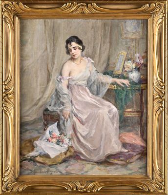 une image représentant un tableau où l'on voit une femme en robe rose assise sur une chaise