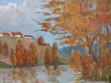 a painting of a river with a building in the background