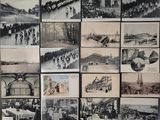 many pictures of people and buildings on the wall