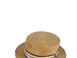 the straw hat has a striped band around the brim