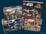 three lego star wars sets are shown on a blue background