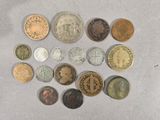 a lot of coins that are on the table