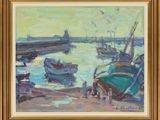 une peinture à l'huile représentant des bateaux dans un port par une journée ensoleillée