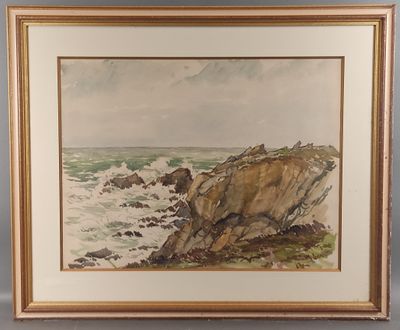 une image représentant un tableau d'un rivage rocheux avec des vagues qui déferlent