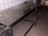 a kitchen with a table and a stove in it