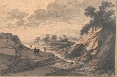 a drawing of a landscape with people walking on the side of a hill