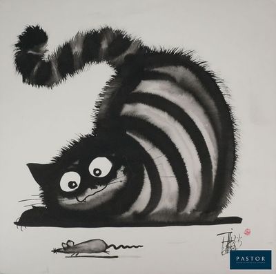 dessin représentant un chat rayé noir et blanc tenant une souris dans la gueule