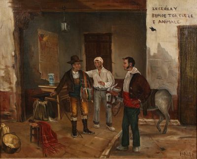 tableau représentant un groupe d'hommes debout devant un bâtiment, avec un cheval