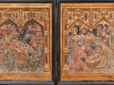 two panels of carved wood depicting scenes from the life of jesus and mary