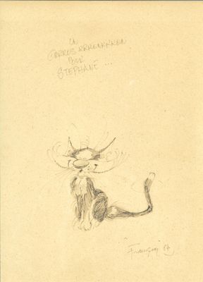 un vieux dessin représentant un chat avec un chapeau sur la tête