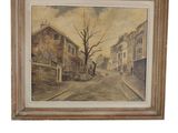 an oil painting of a street scene with buildings and a tree