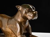 bronze statue of a dog laying down on a white surface