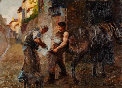 un tableau représentant un homme et une femme avec un cheval