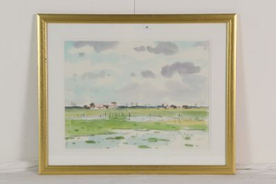 aquarelle encadrée représentant des vaches paissant dans un champ au bord d'une rivière