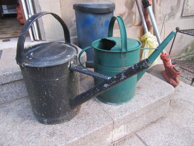un arrosoir noir et un arrosoir vert sur les marches