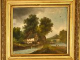 un tableau représentant une scène fluviale avec une maison et un moulin