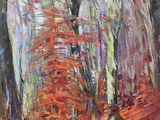 une peinture à l'huile représentant un sentier à travers une forêt en automne