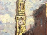 a painting of a building with a clock tower in the background
