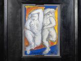 tableau représentant deux nus, dans un cadre noir sur fond jaune