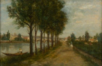 un tableau représentant un homme dans un bateau sur l'eau