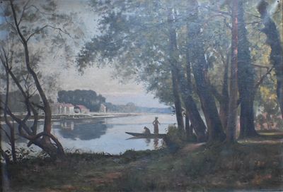 a painting of a man and a woman in a boat on a river