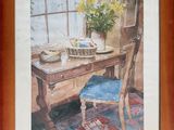 framed watercolor painting of a dining room table with a bowl of fruit on it