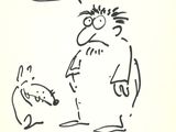 dessin humoristique représentant un homme avec un chien et une bulle au-dessus de sa tête
