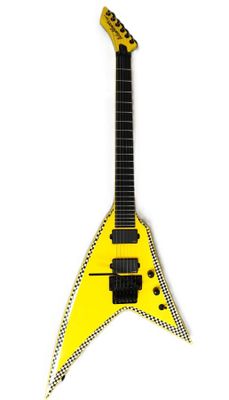 a close up of a yellow electric guitar on a white background