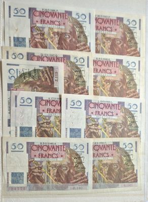 50 francs Le Verrier lot de 9 billets ,TTB à SUP