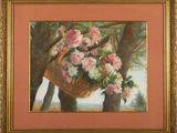 an oil painting of a basket of flowers on a tree