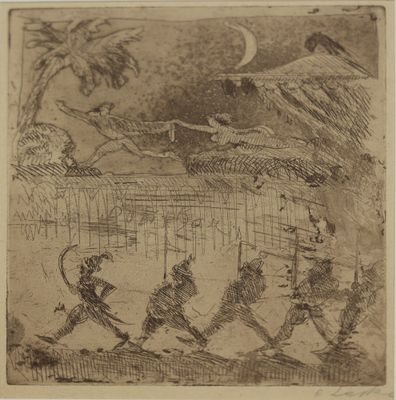 dessin représentant un groupe de personnes marchant dans un champ, avec un oiseau dans le ciel