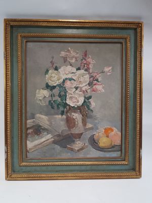 painting of a vase of flowers and fruit on a table next to a book