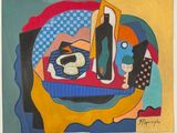 une peinture représentant une nature morte avec une bouteille de vin et une assiette de nourriture