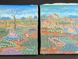 deux tableaux représentant un paysage avec une rivière et des arbres