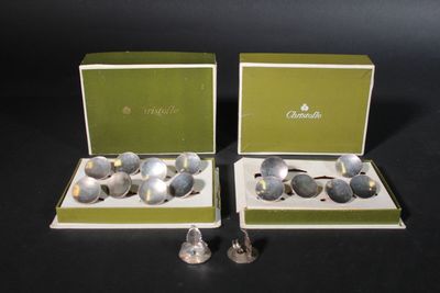 pair of silver plated salt and pepper shakers in boxes