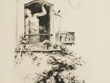drawing of a man looking out of a window with a bird in the sky