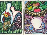 tableau représentant deux tableaux représentant des fruits et des légumes posés sur une table