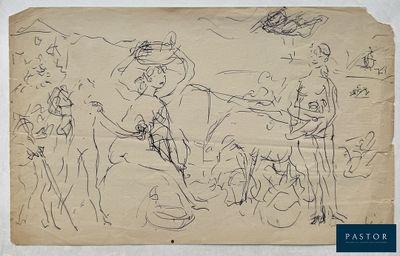 an old drawing of a group of people on a beach