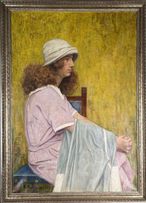 tableau représentant une femme coiffée d'un chapeau, assise sur une chaise