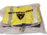 yellow safety vest with black and white logo on it