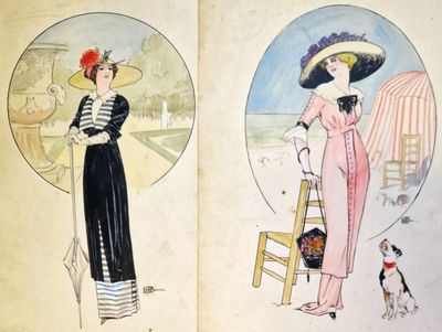 deux illustrations représentant des femmes en robe et chapeau sur ces pages